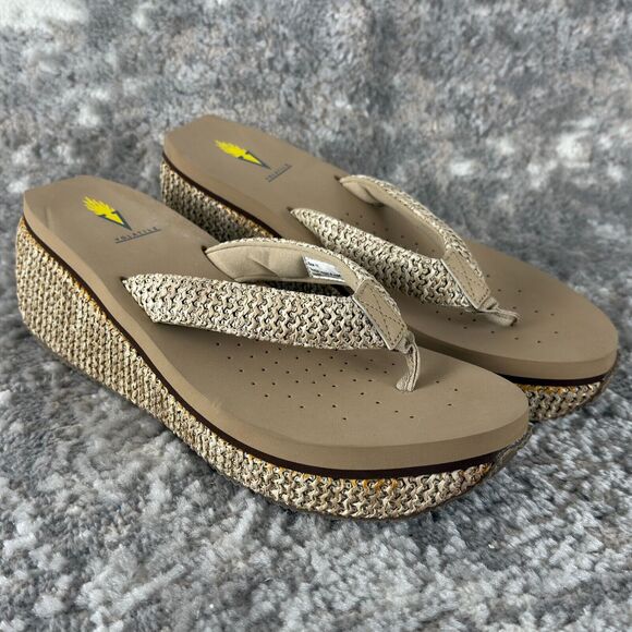 Volatile Sz 11 Beige Wedge Woven Flip-Flop Platform Sandals Thick Chunky - Picture 1 of 10